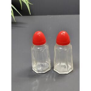 Vintage Salt and Pepper Shakers Clear Glass Plastic Red Cover Hazel Atlas MCM